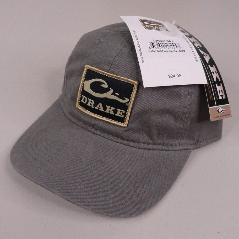 Drake Waterfowl Hat Cap Gray Cotton Twill Strapback Patch Logo Outdoor Mens NWT‎